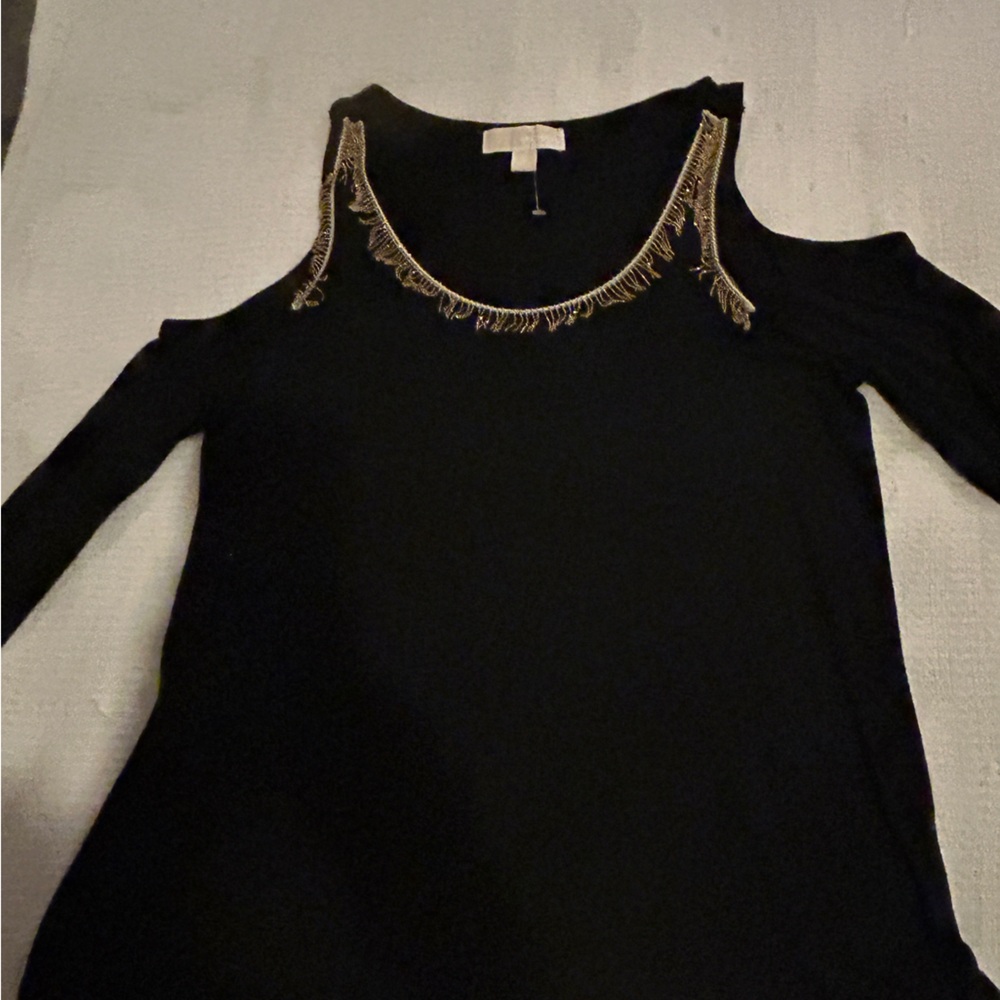 Michael Kors Black Cold-Shoulder Long-Sleeve Top with Gold Fringe Trim